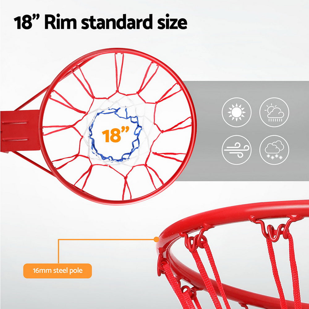 Red basketball rim with '18"' rim size and '16mm steel pole' 