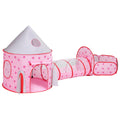 Pink children's play tent with star patterns and a tunnel on a white background