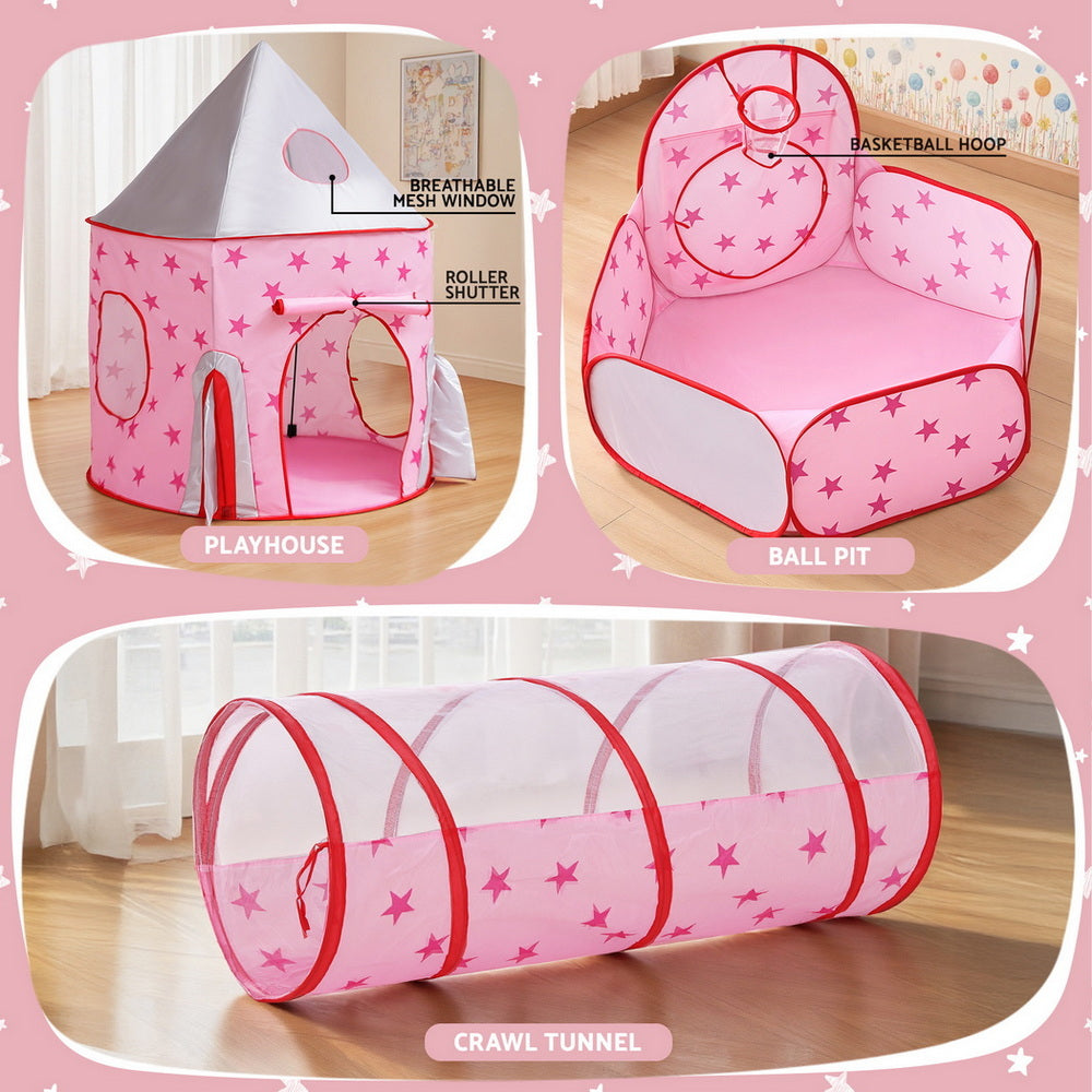 Keezi Kids Castle Playhouse with Tunnel & Hoop – Pink