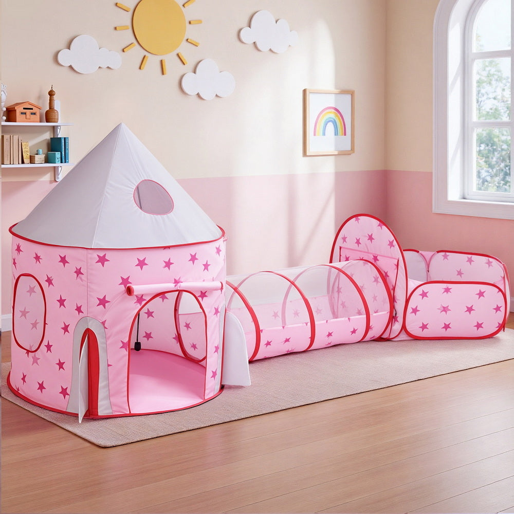 Keezi Kids Castle Playhouse with Tunnel & Hoop – Pink