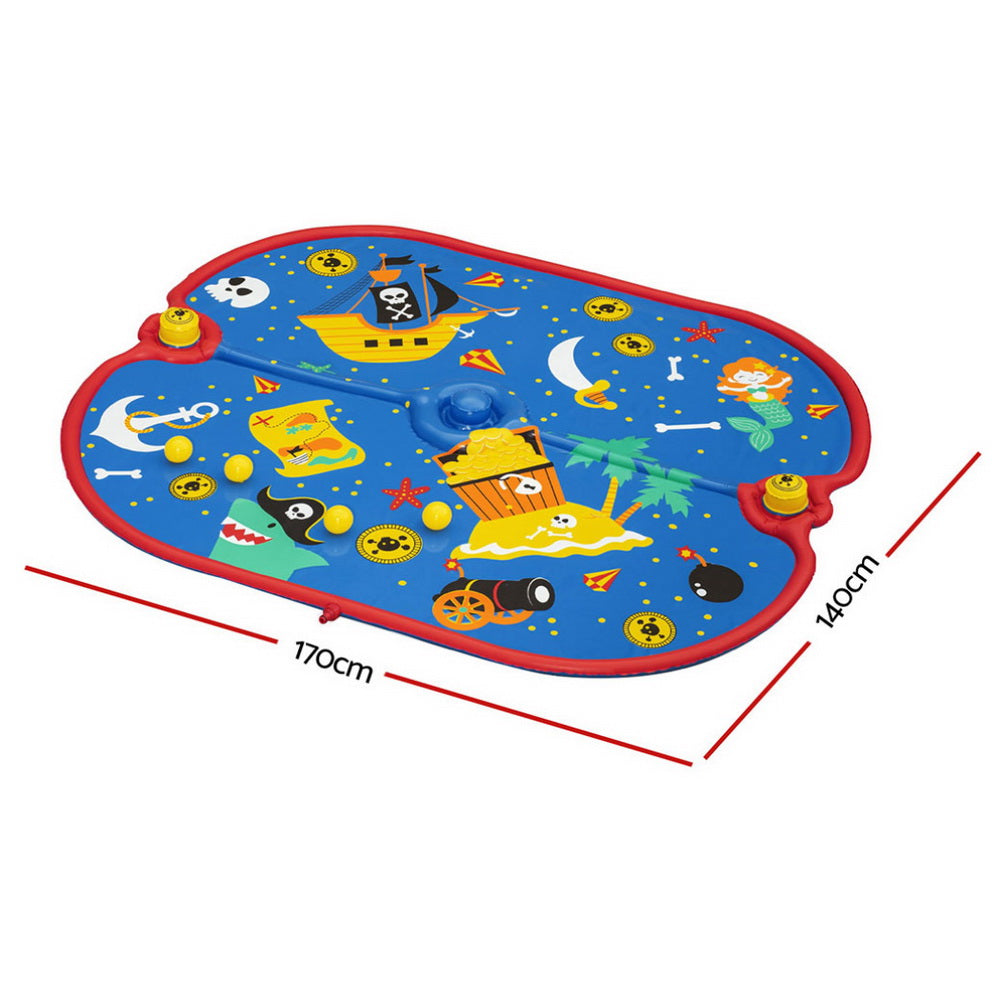 Kids pirate splash pad water play mat for toddlers, outdoor summer water toy with sprayers for backyard splash fun.