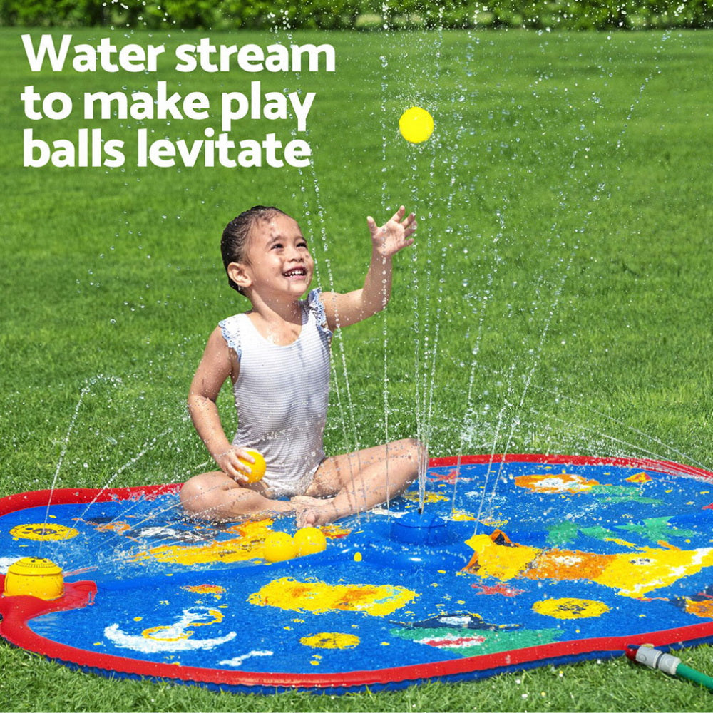 Kids pirate splash pad water play mat for toddlers, outdoor summer water toy with sprayers for backyard splash fun.