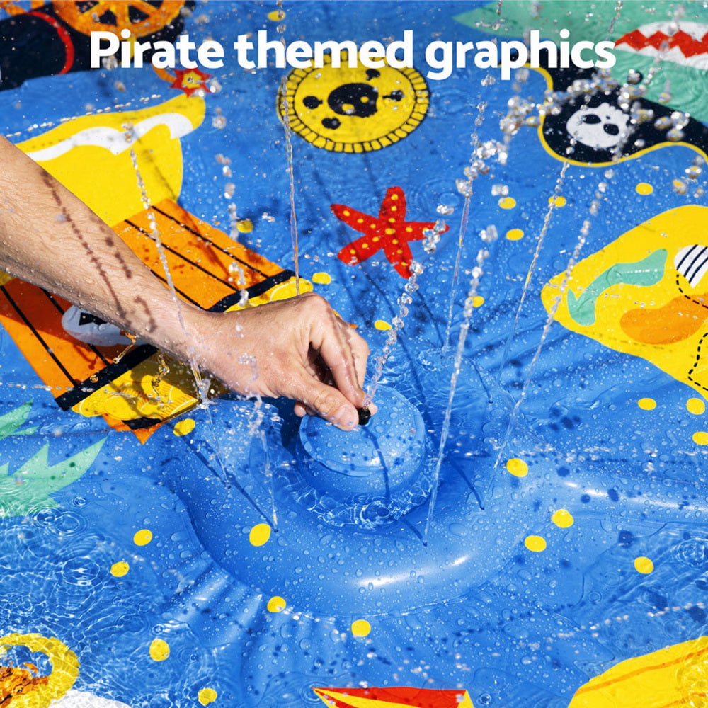 Kids pirate splash pad water play mat for toddlers, outdoor summer water toy with sprayers for backyard splash fun.