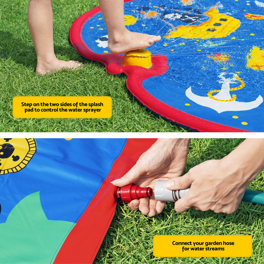 Kids pirate splash pad water play mat for toddlers, outdoor summer water toy with sprayers for backyard splash fun.