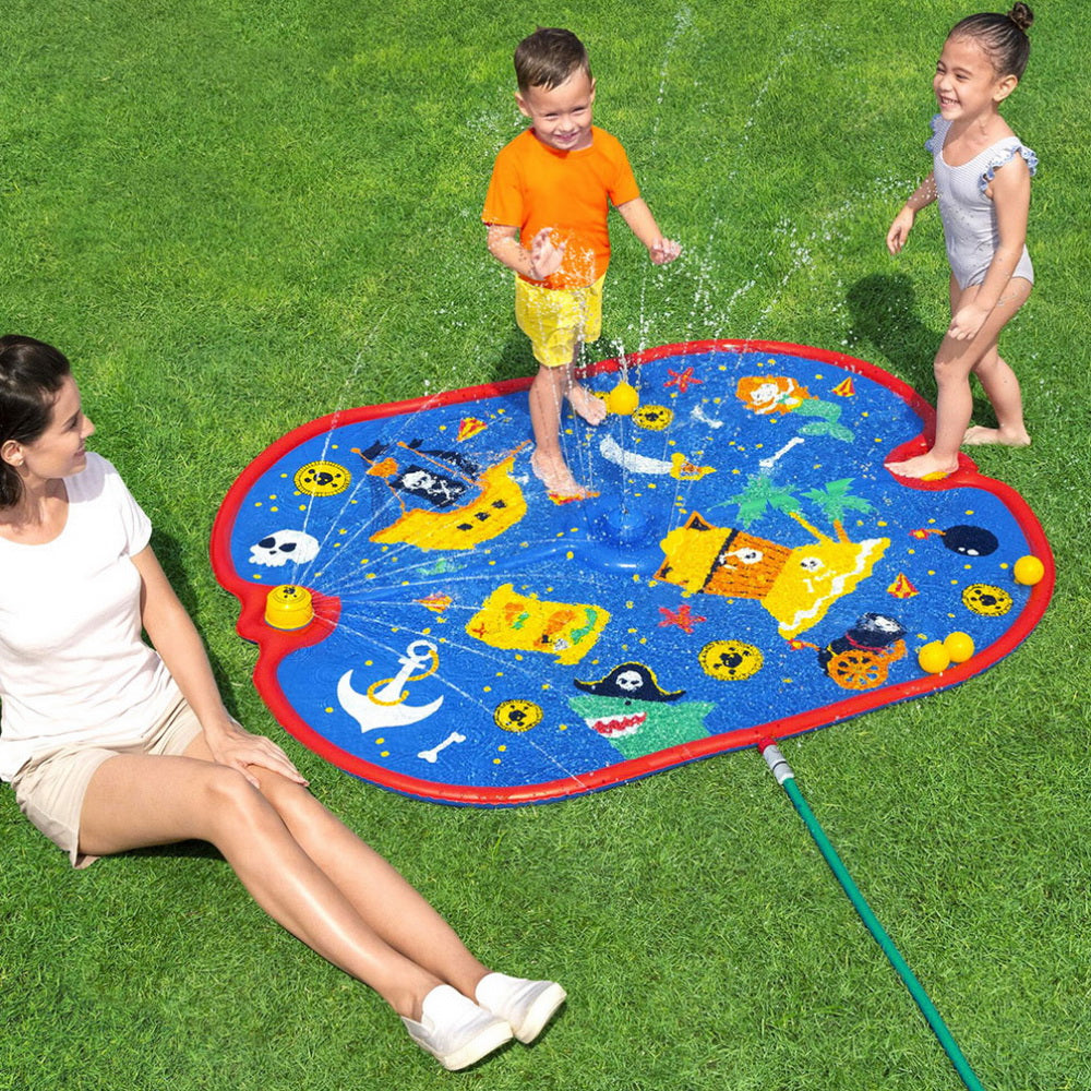 Kids pirate splash pad water play mat for toddlers, outdoor summer water toy with sprayers for backyard splash fun.