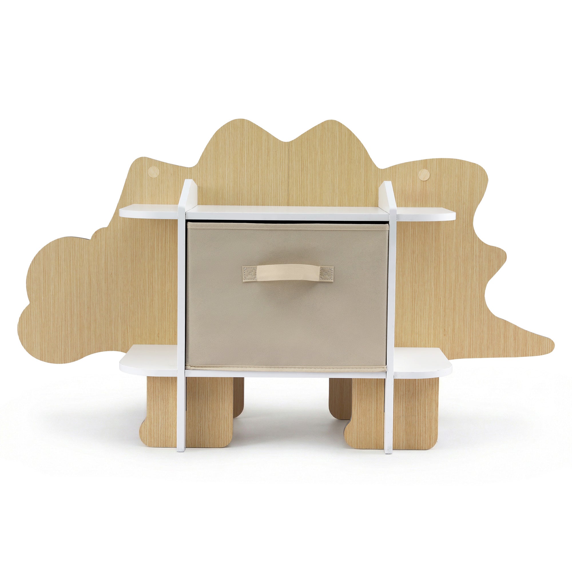 Dinosaur Kids 2-Tier Bookshelf with Fabric Drawer Wooden Toy and Book Storage Organiser