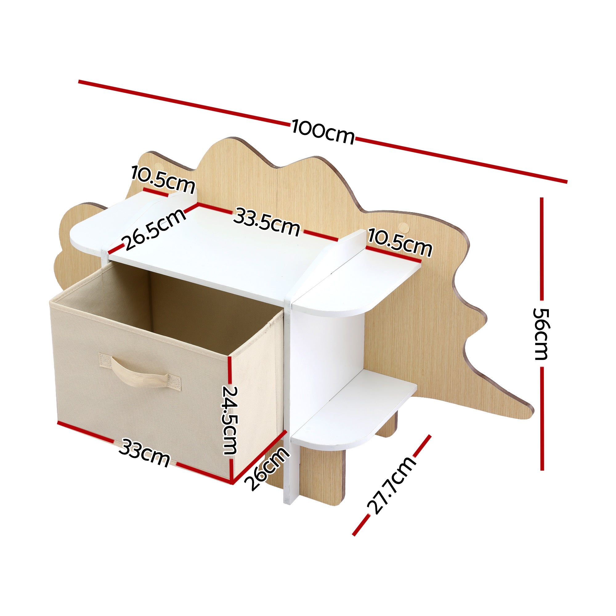 Dinosaur Kids 2-Tier Bookshelf with Fabric Drawer Wooden Toy and Book Storage Organiser