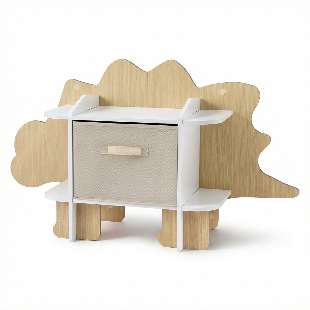 Dinosaur Kids 2-Tier Bookshelf with Fabric Drawer Wooden Toy and Book Storage Organiser