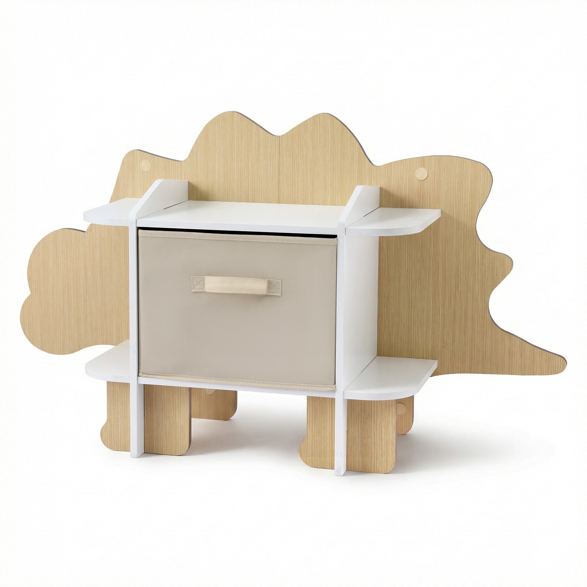 Dinosaur Kids 2-Tier Bookshelf with Fabric Drawer Wooden Toy and Book Storage Organiser