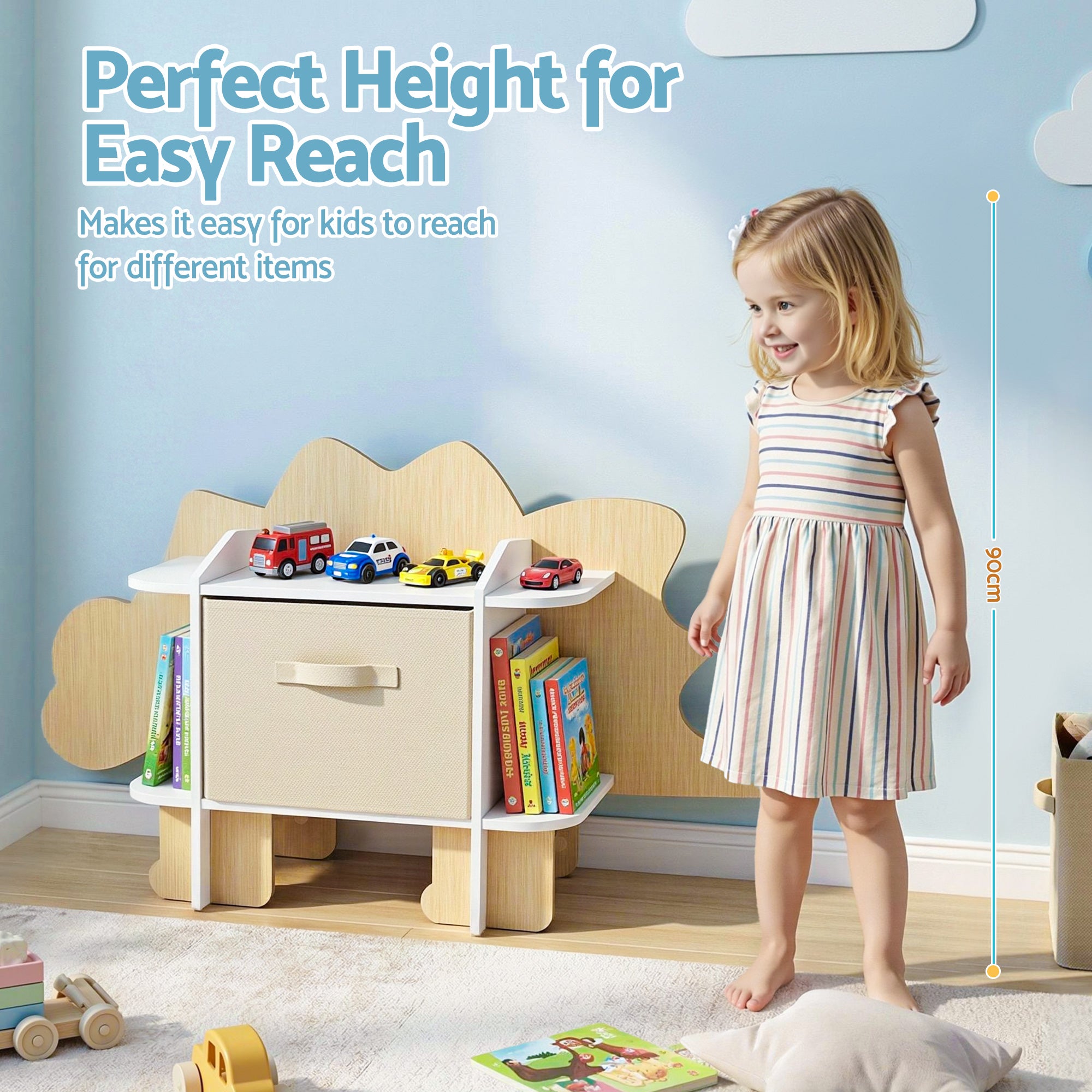 Dinosaur Kids 2-Tier Bookshelf with Fabric Drawer Wooden Toy and Book Storage Organiser