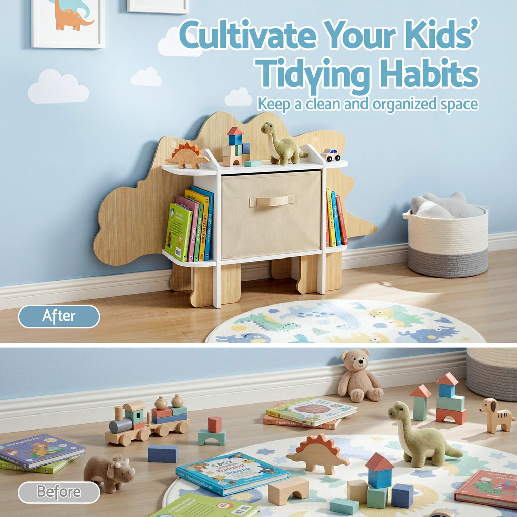 Dinosaur Kids 2-Tier Bookshelf with Fabric Drawer Wooden Toy and Book Storage Organiser