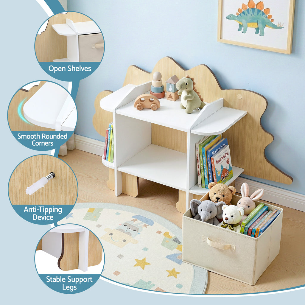 Dinosaur Kids 2-Tier Bookshelf with Fabric Drawer Wooden Toy and Book Storage Organiser