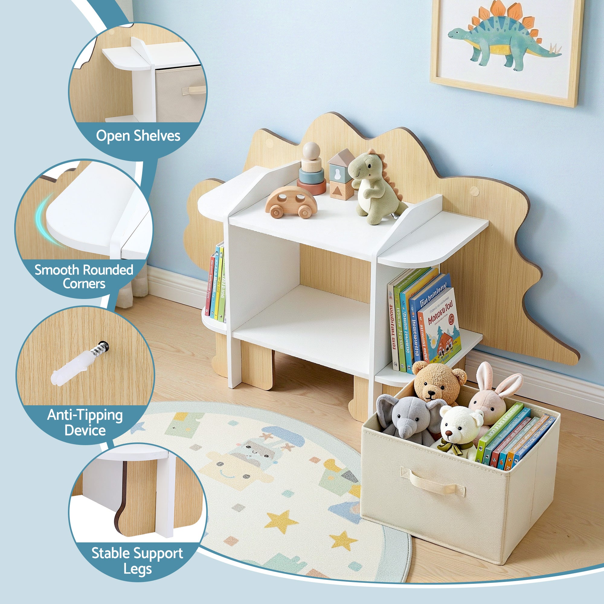 Dinosaur Kids 2-Tier Bookshelf with Fabric Drawer Wooden Toy and Book Storage Organiser