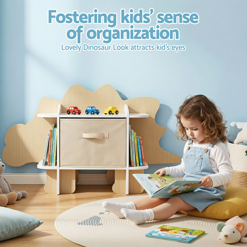 Dinosaur Kids 2-Tier Bookshelf with Fabric Drawer Wooden Toy and Book Storage Organiser