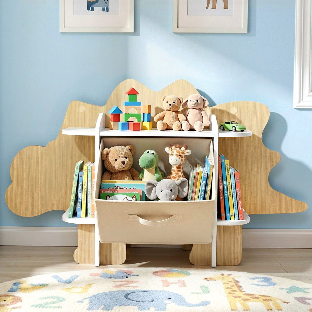 Dinosaur Kids 2-Tier Bookshelf with Fabric Drawer Wooden Toy and Book Storage Organiser