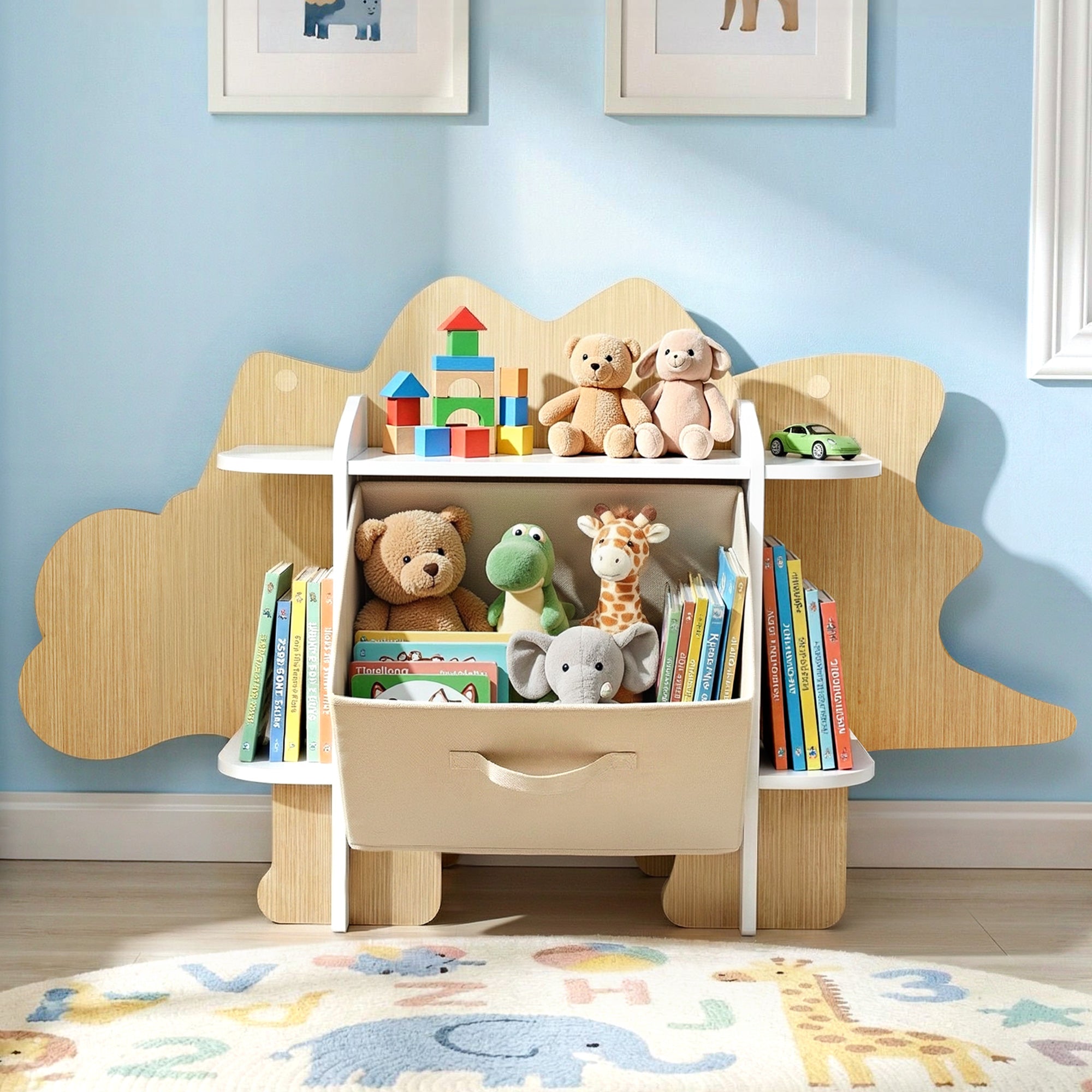 Dinosaur Kids 2-Tier Bookshelf with Fabric Drawer Wooden Toy and Book Storage Organiser