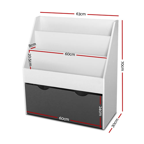 White and gray storage unit with dimensions indicated on a white background
