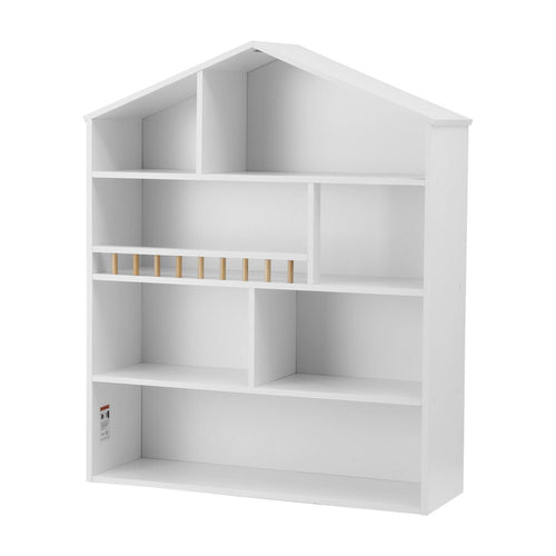 White dollhouse bookshelf with small model on a white background