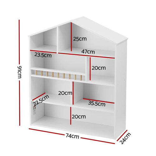 White dollhouse bookshelf with small model on a white background
