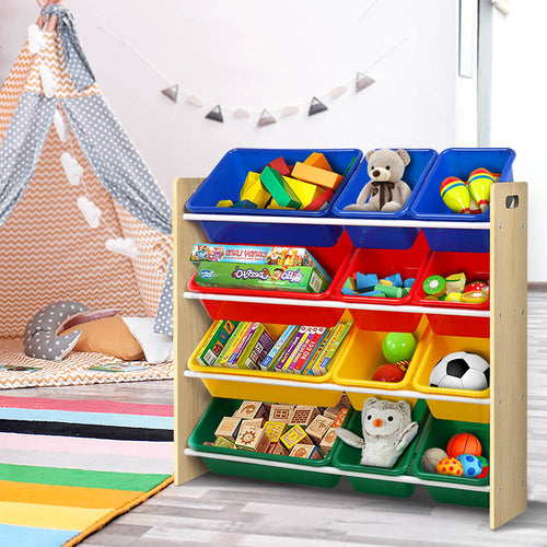 Colorful storage bins on a wooden shelf with blue, red, yellow, and green bins.