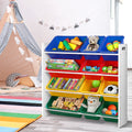 Children's toy storage unit with colorful bins filled with toys in a playroom setting.