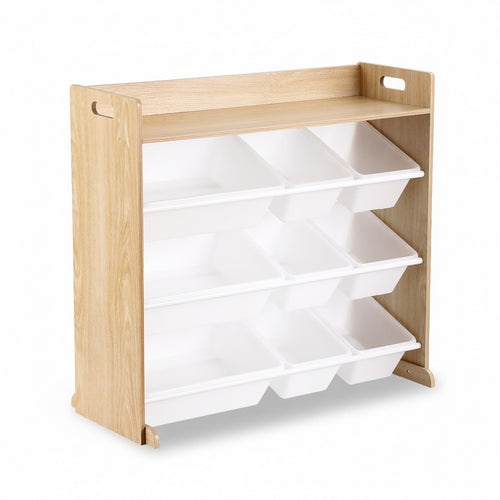 Wooden storage unit with white bins on a white background