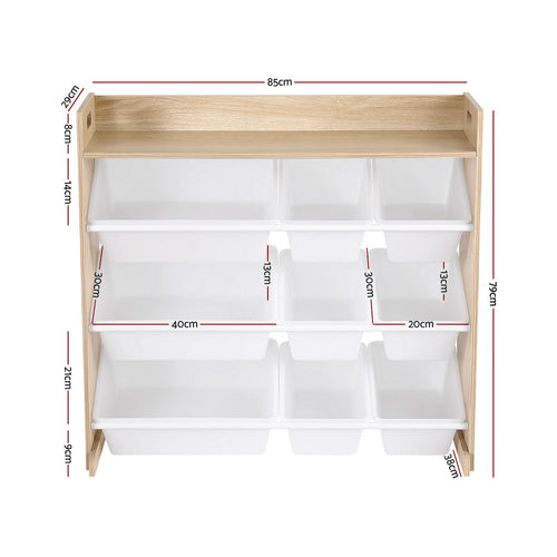 Wooden storage unit with white bins on a white background