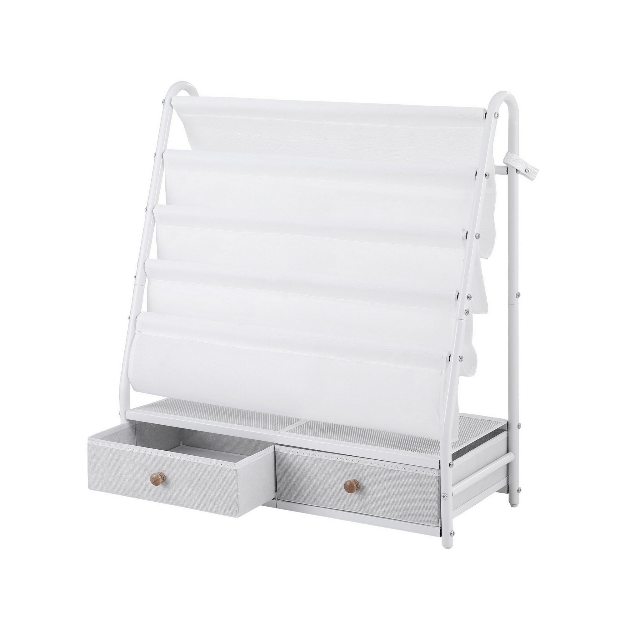 Metal Kids Bookshelf Storage Rack with Mesh Display Shelves and Fabric Drawers White