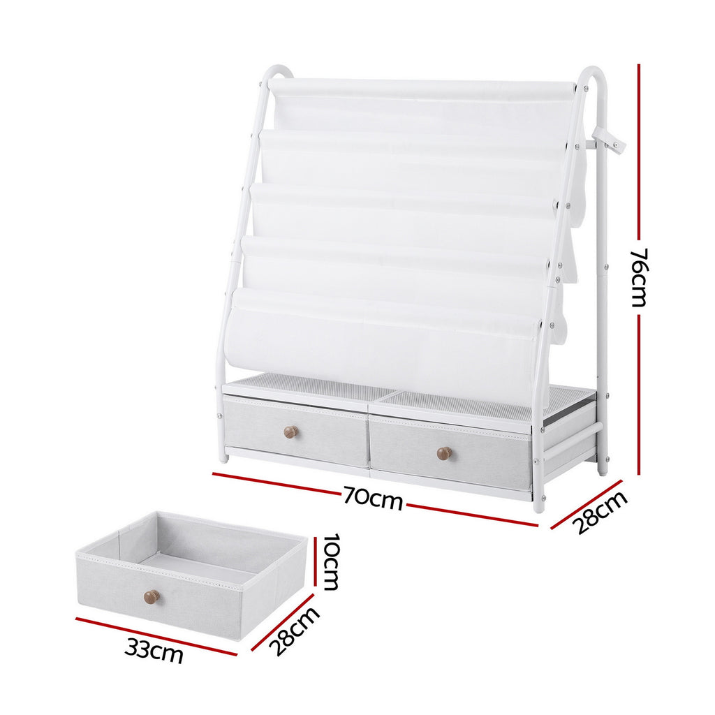 Metal Kids Bookshelf Storage Rack with Mesh Display Shelves and Fabric Drawers White