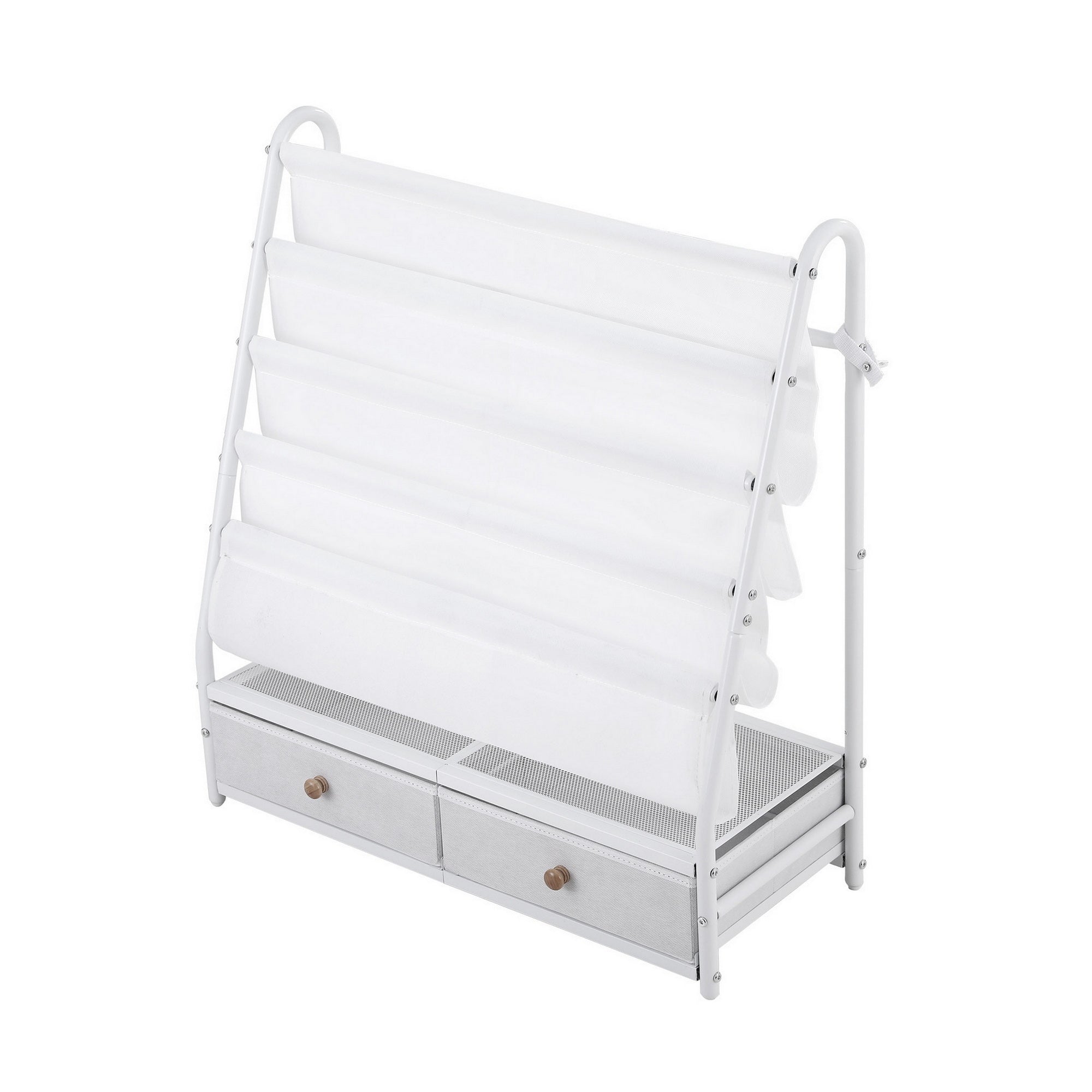 Metal Kids Bookshelf Storage Rack with Mesh Display Shelves and Fabric Drawers White