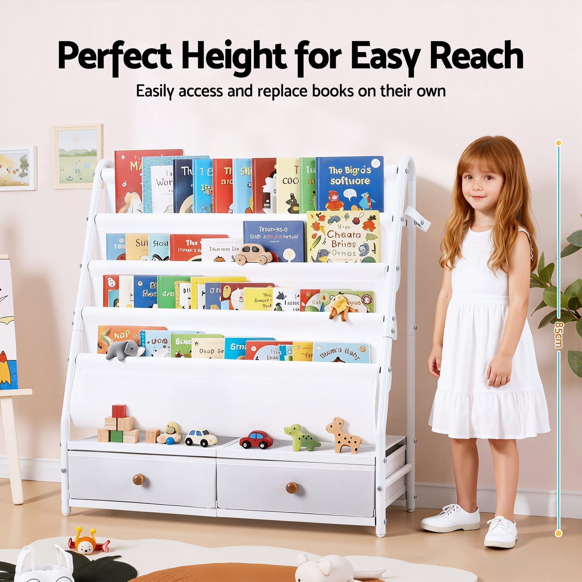 Metal Kids Bookshelf Storage Rack with Mesh Display Shelves and Fabric Drawers White