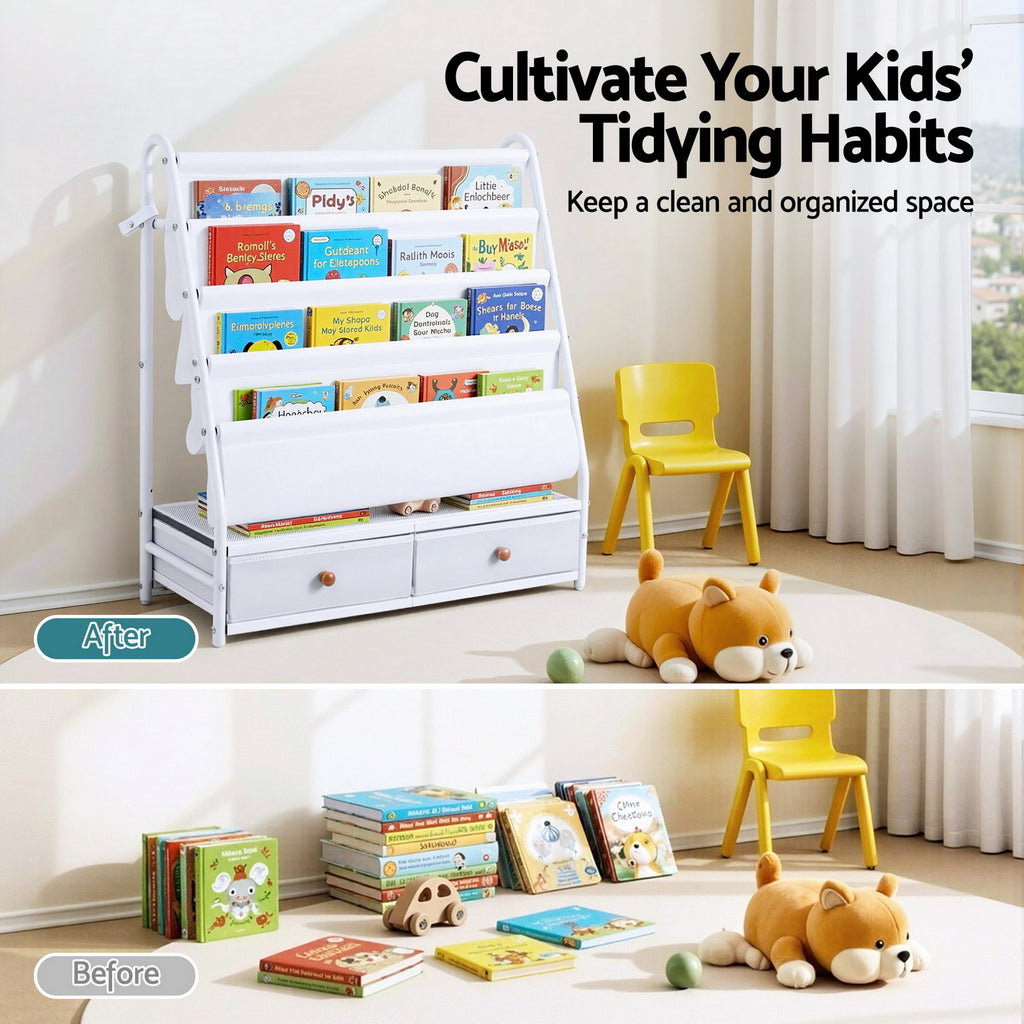 Metal Kids Bookshelf Storage Rack with Mesh Display Shelves and Fabric Drawers White