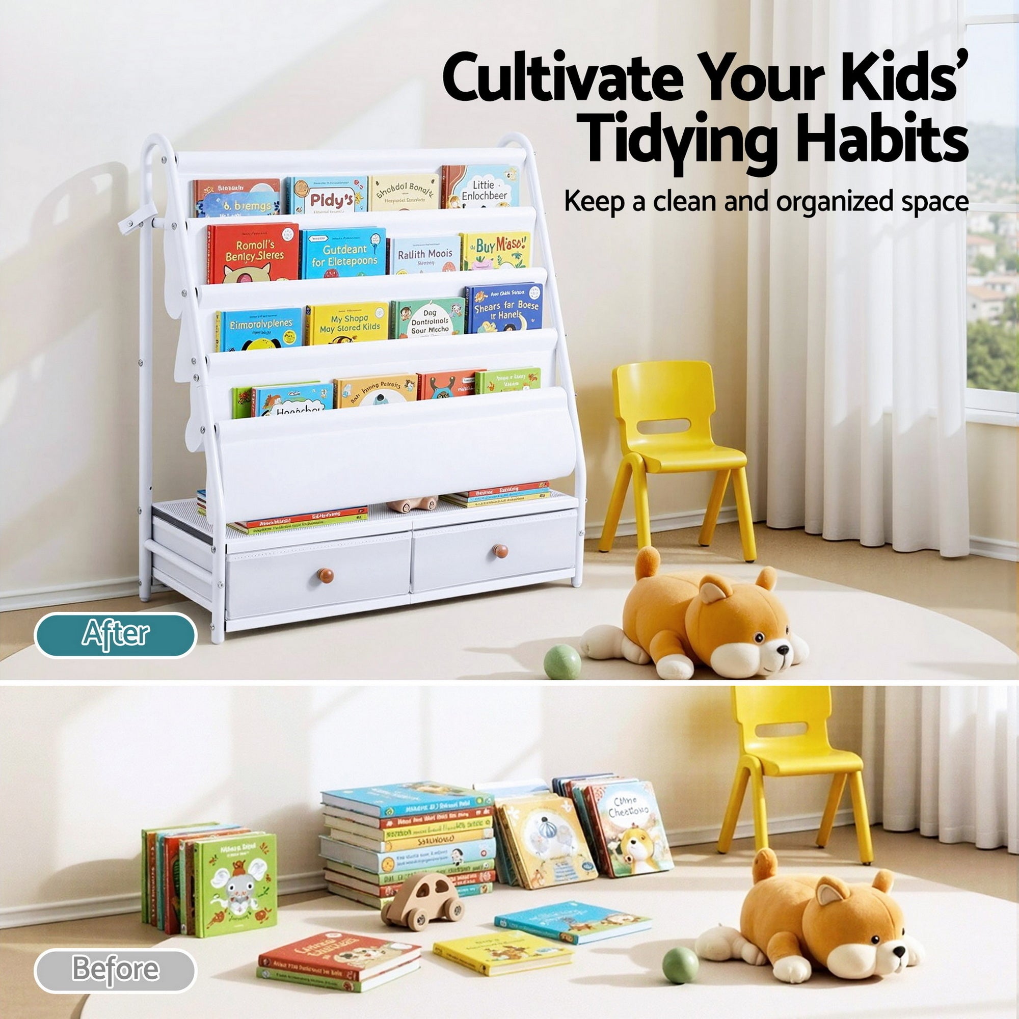 Metal Kids Bookshelf Storage Rack with Mesh Display Shelves and Fabric Drawers White
