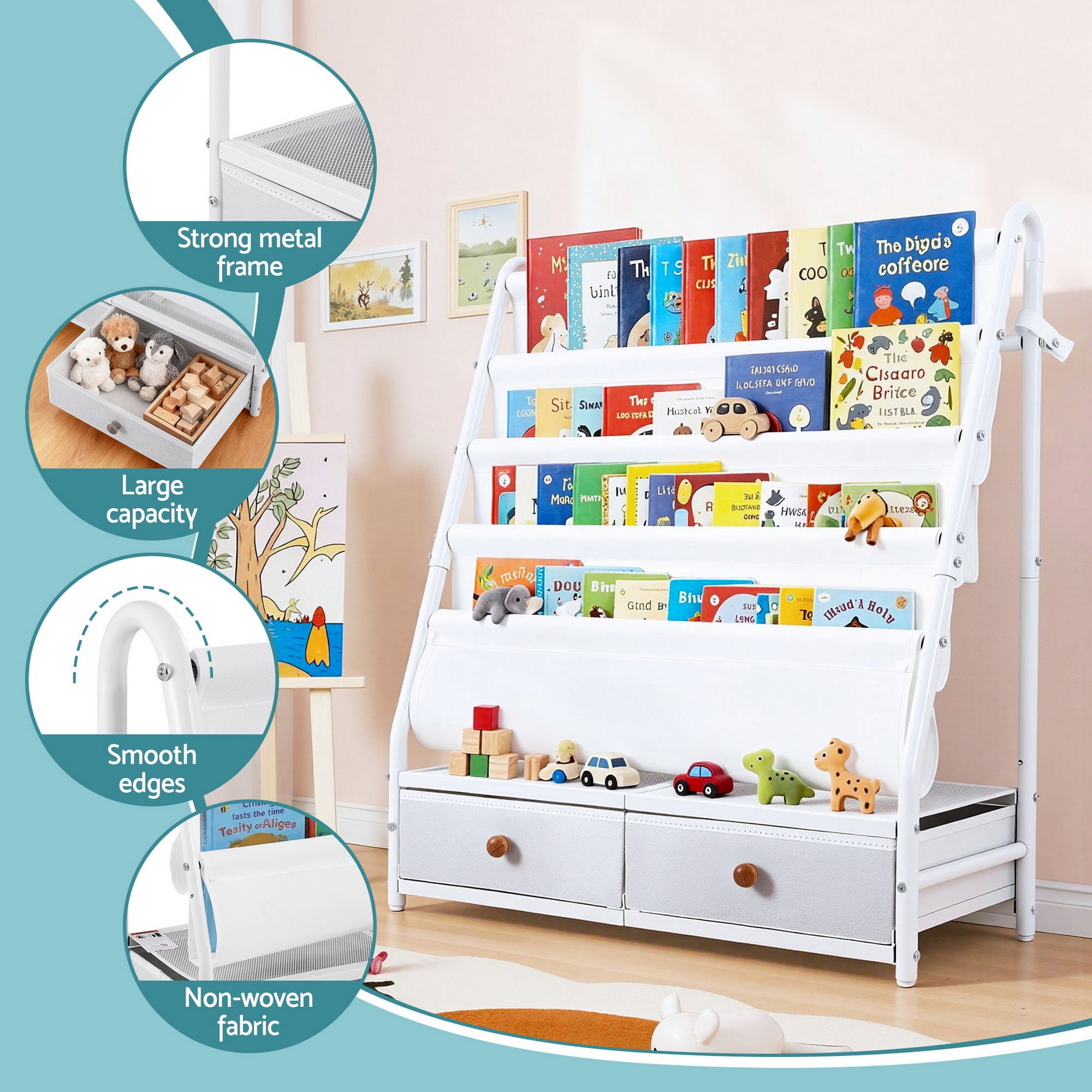 Metal Kids Bookshelf Storage Rack with Mesh Display Shelves and Fabric Drawers White