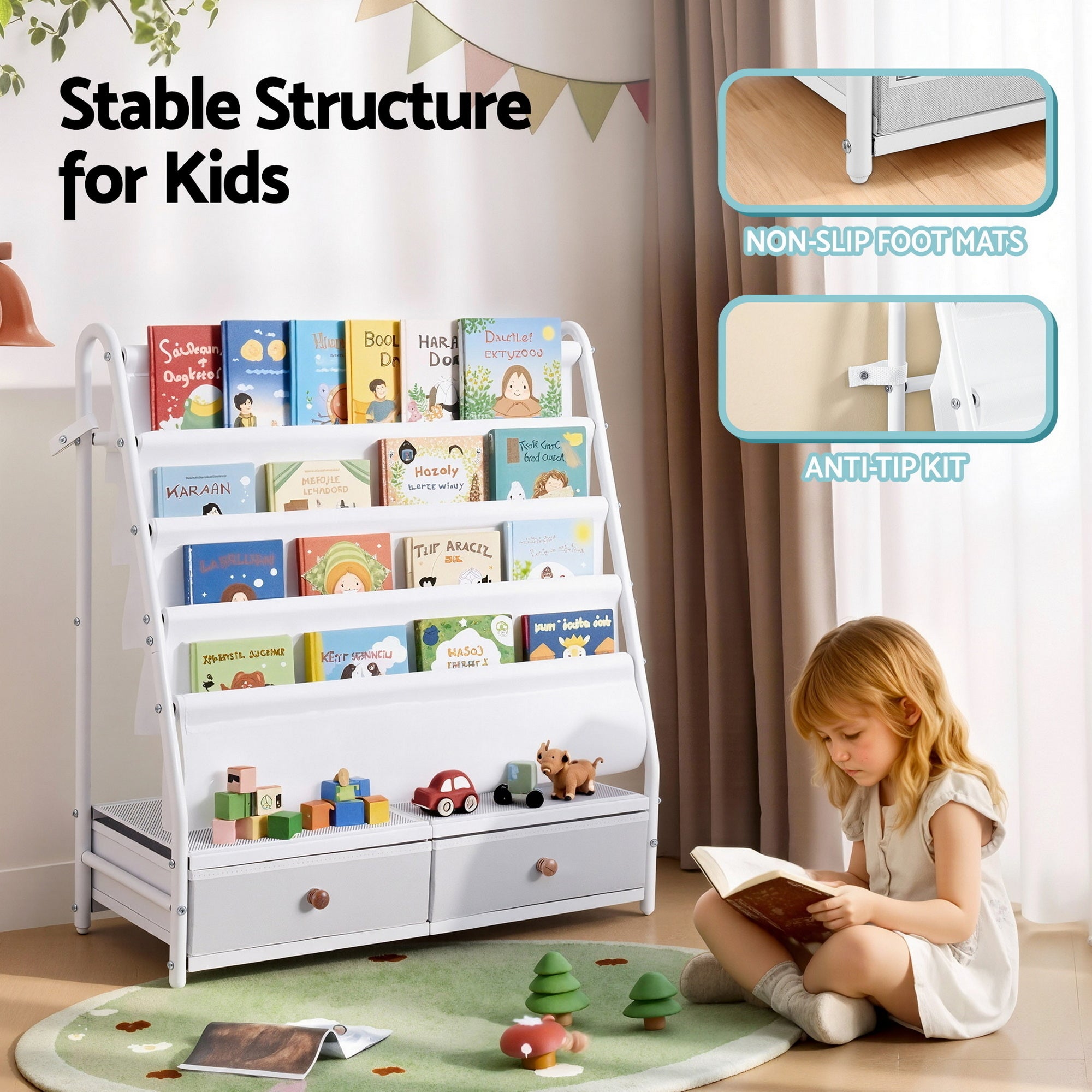 Metal Kids Bookshelf Storage Rack with Mesh Display Shelves and Fabric Drawers White