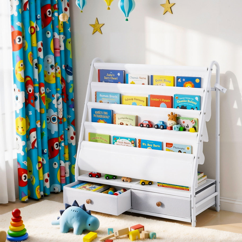 Metal Kids Bookshelf Storage Rack with Mesh Display Shelves and Fabric Drawers White