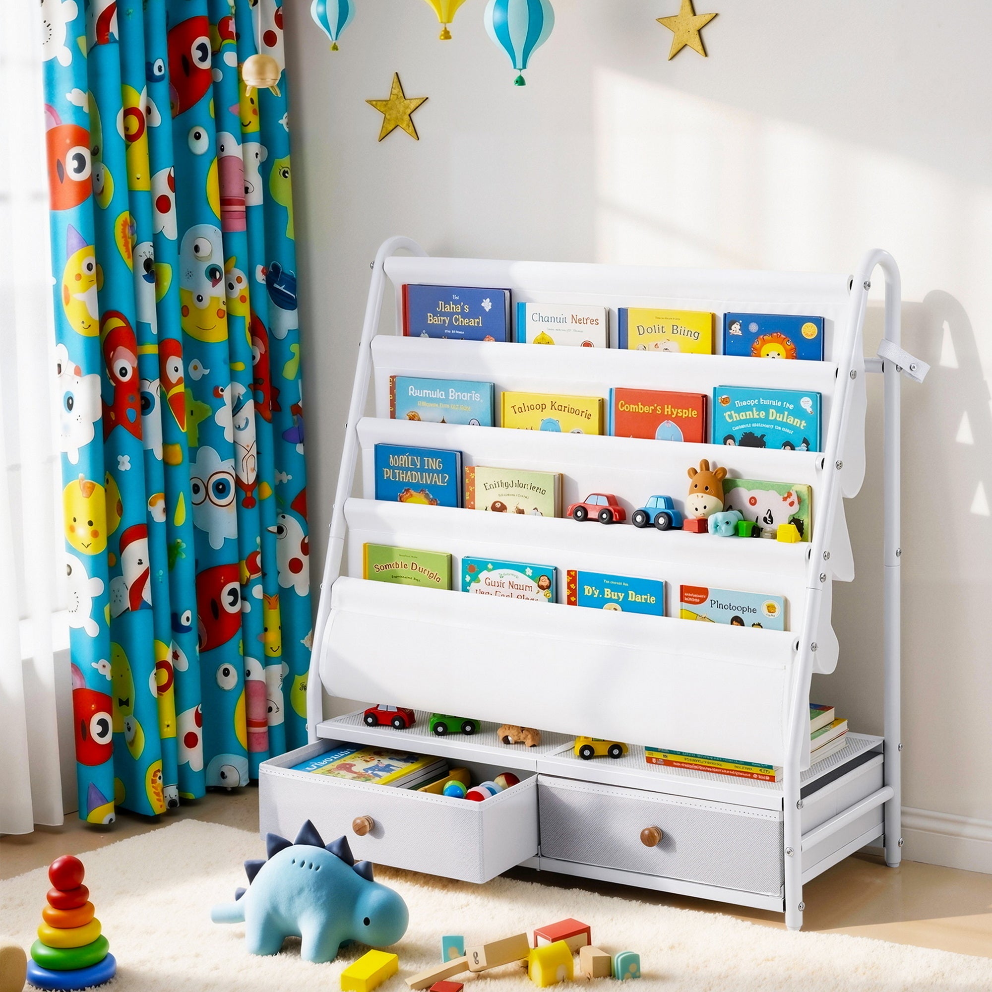 Metal Kids Bookshelf Storage Rack with Mesh Display Shelves and Fabric Drawers White