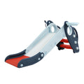 Children's slide with red base and gray sides on a white background