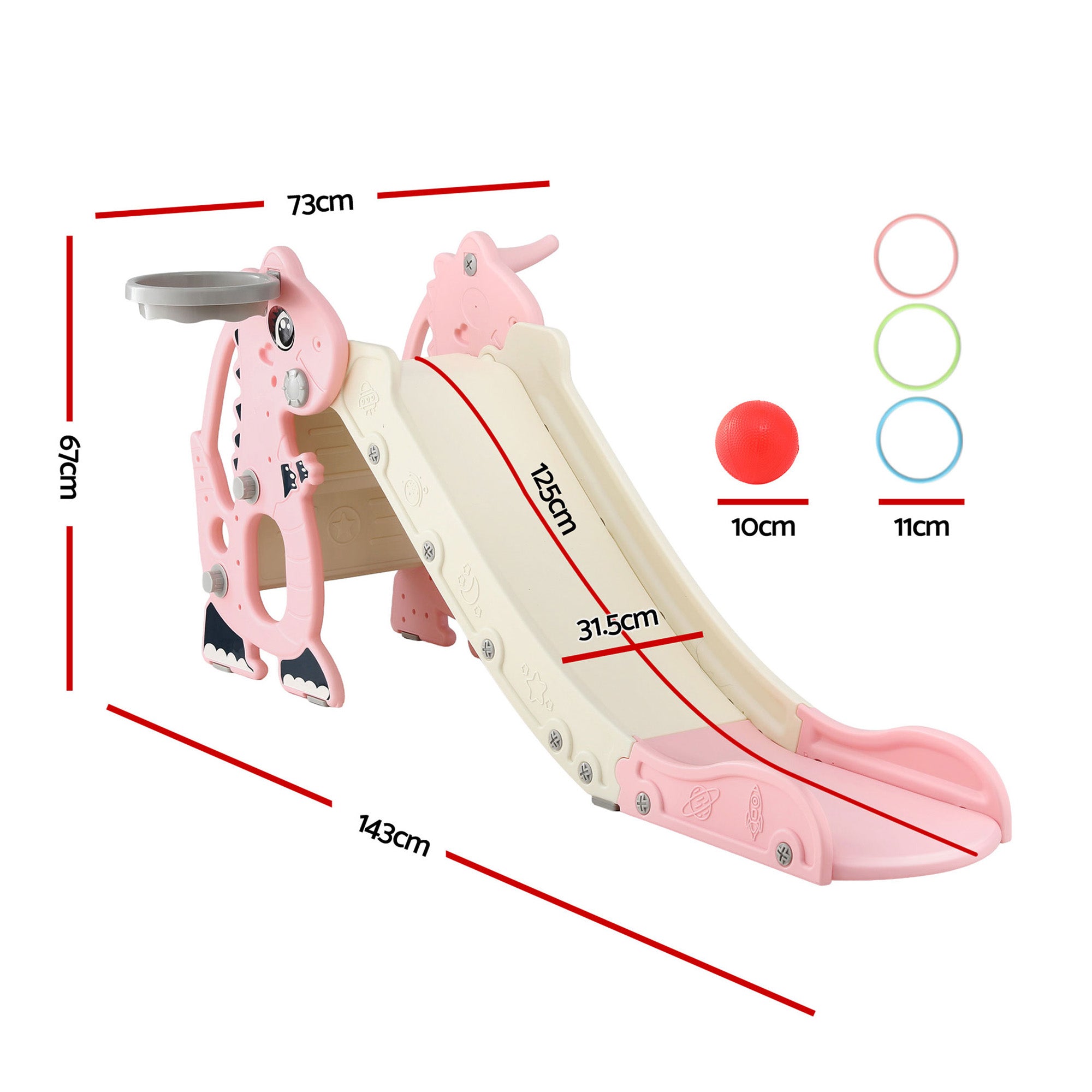 Kids Dragon Slide Set with Basketball Hoop – 125cm Outdoor Playground Toy (Pink)
