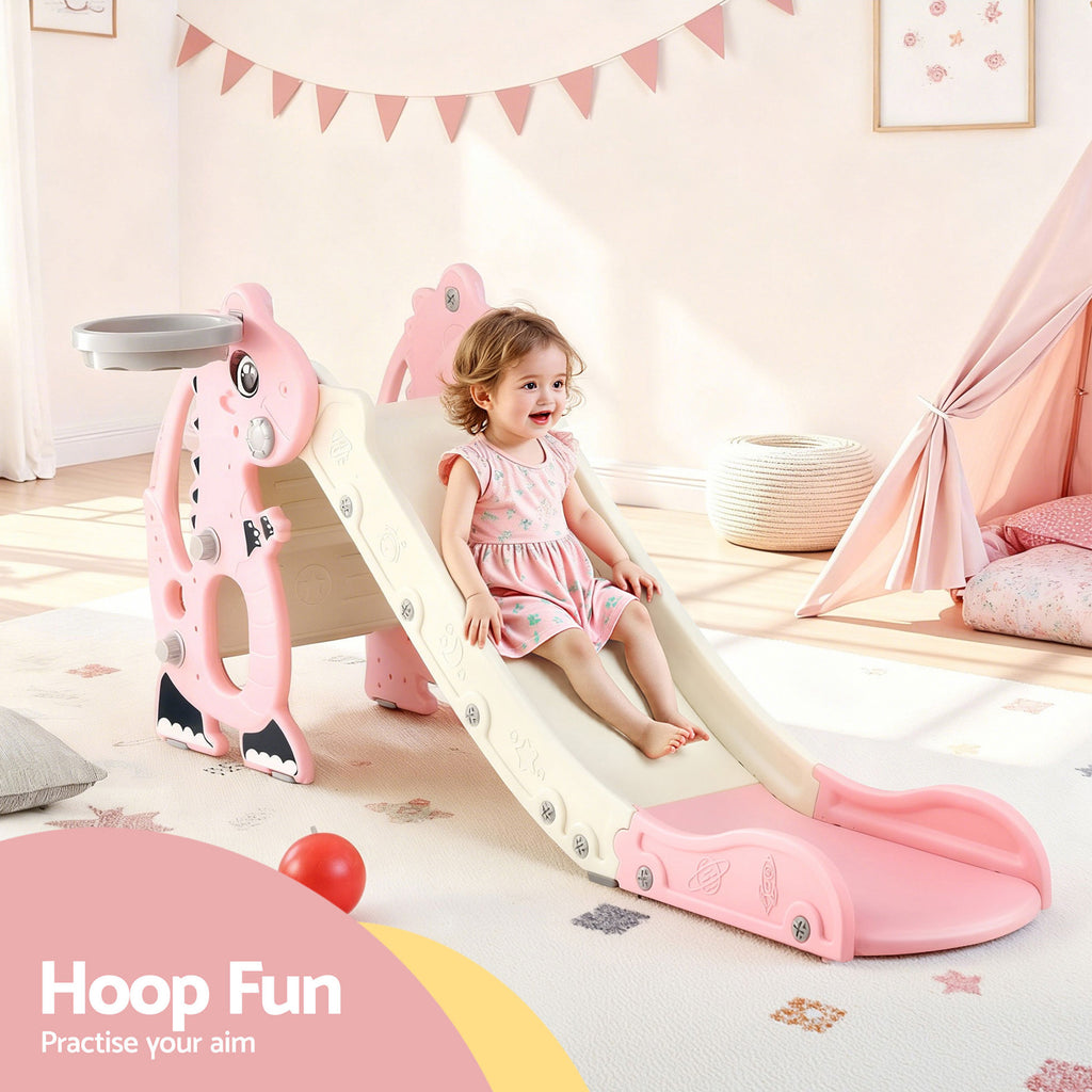 Kids Dragon Slide Set with Basketball Hoop – 125cm Outdoor Playground Toy (Pink)