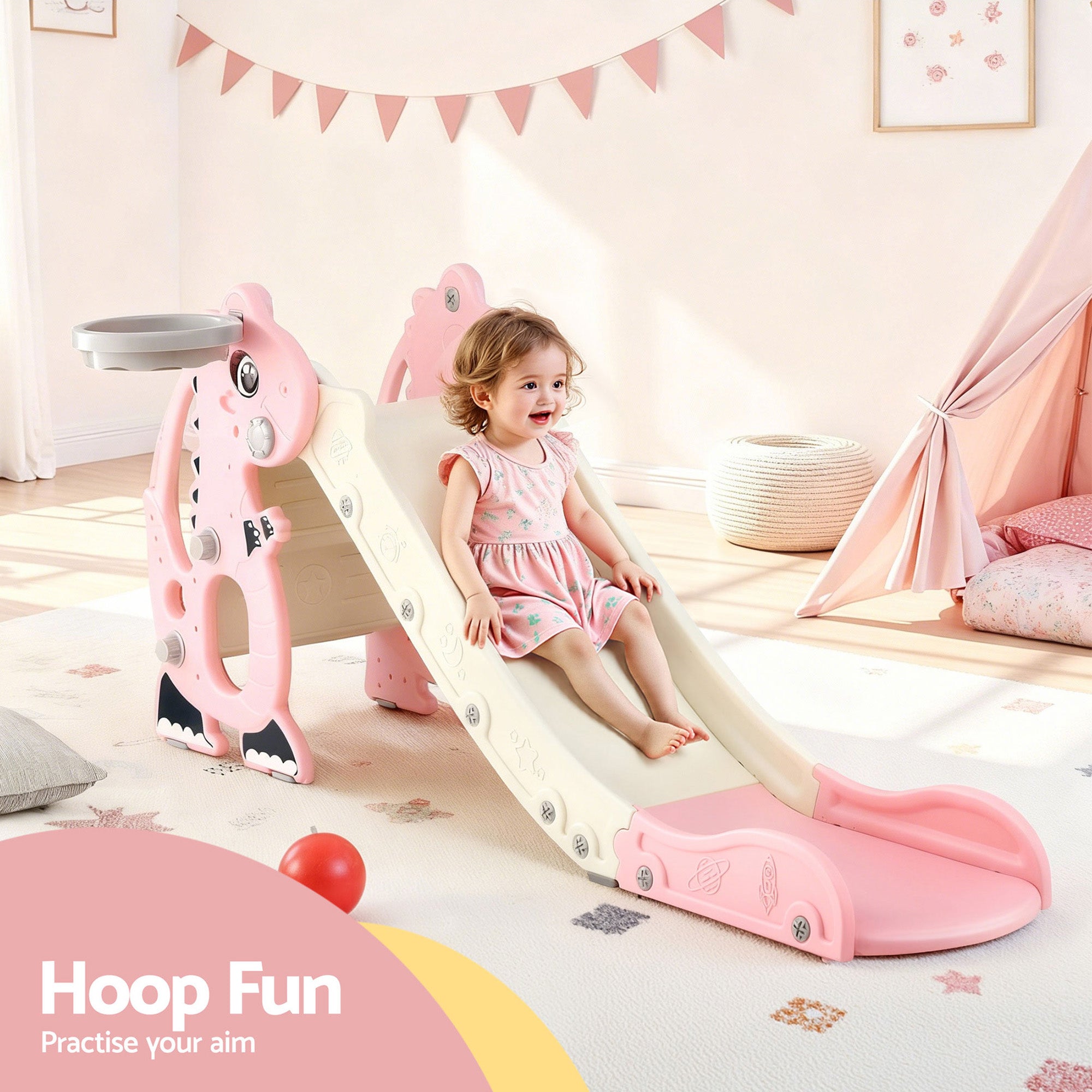 Kids Dragon Slide Set with Basketball Hoop – 125cm Outdoor Playground Toy (Pink)
