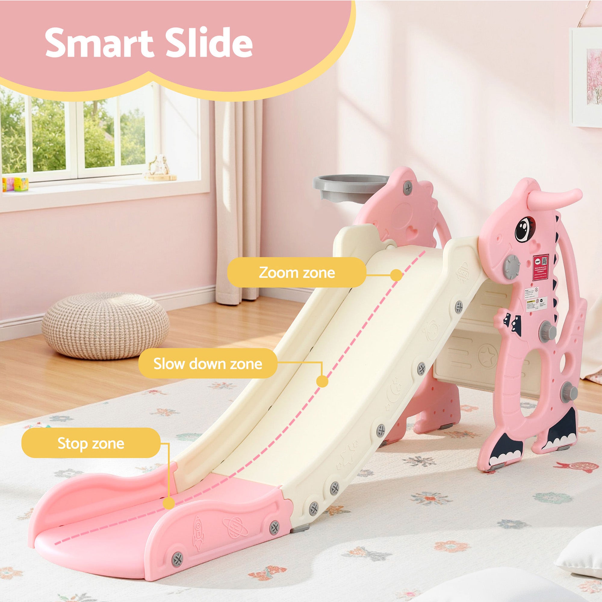 Kids Dragon Slide Set with Basketball Hoop – 125cm Outdoor Playground Toy (Pink)
