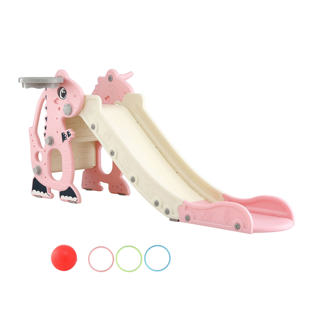 Kids Dragon Slide Set with Basketball Hoop – 125cm Outdoor Playground Toy (Pink)