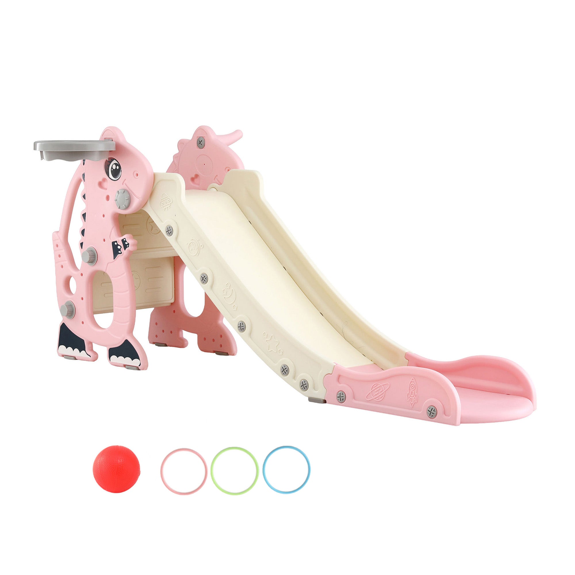 Kids Dragon Slide Set with Basketball Hoop – 125cm Outdoor Playground Toy (Pink)