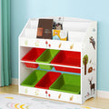 Kids bookshelf with animal illustrations and height measurements – children's wooden book storage for nursery or playroom