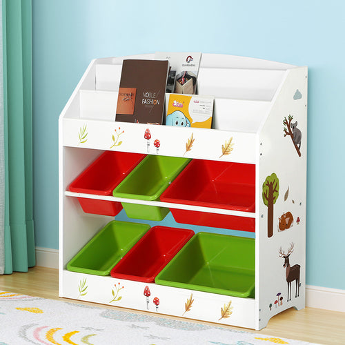 Kids bookshelf with animal illustrations and height measurements – children's wooden book storage for nursery or playroom