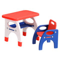 Children's table and chairs set with red top and blue sides on a white background