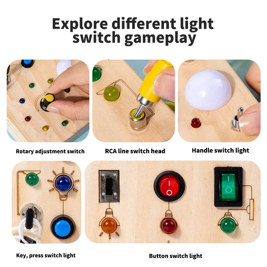 Montessori LED busy board wooden sensory toy kids