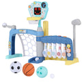 Children's sports play set with basketball hoop, golf club, and sports balls on a white background