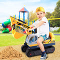 Kids ride-on excavator digger toy with realistic construction design, child playing on yellow ride-on digger with working arm and bucket, outdoor sandbox construction vehicle toy for toddlers.